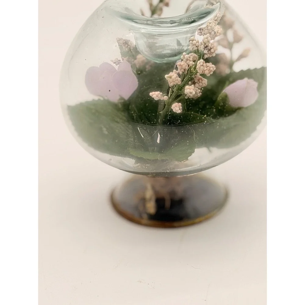 Vintage Glass Terrarium Votive Candle Holder Purple Faux Flowers Pedestal Globe